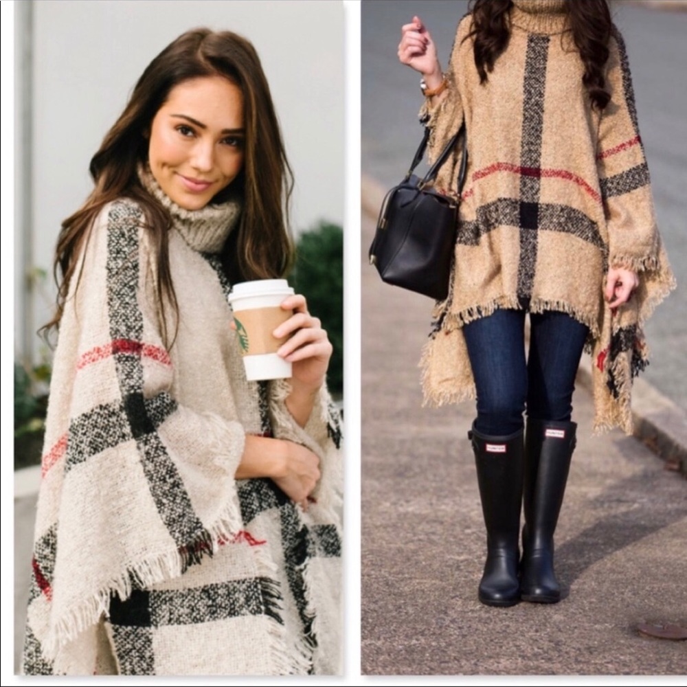 Plaid Poncho Cardigan Scarf Shawl Kimono-CAMEL - Picture 8 of 8